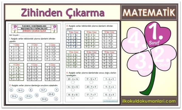 1. Sınıf Zihinden Çıkarma İşlemi Etkinlikleri